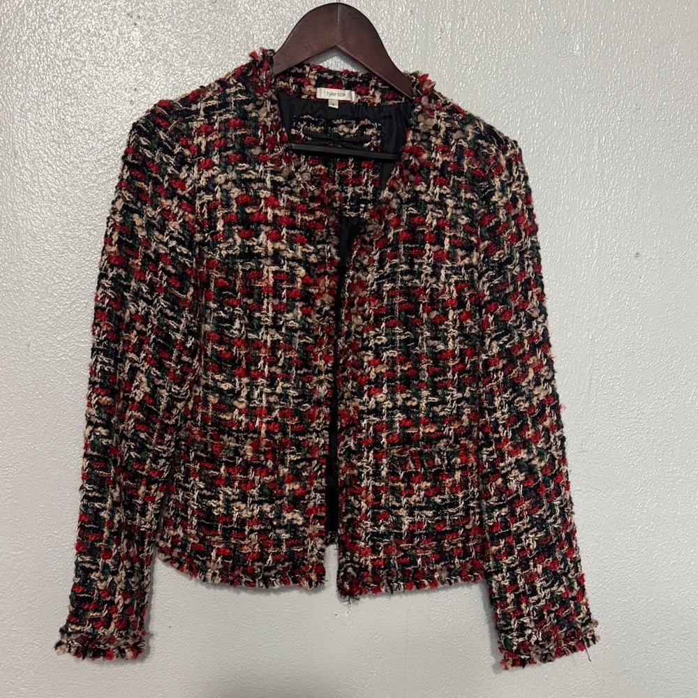 Tyler Boe Multicolor Tweed Boucle Fringe Open Front Career Blazer Jacket Small